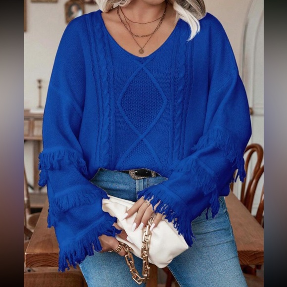 Plus size cozy fringe detail cable knit sweater top - Picture 15 of 16